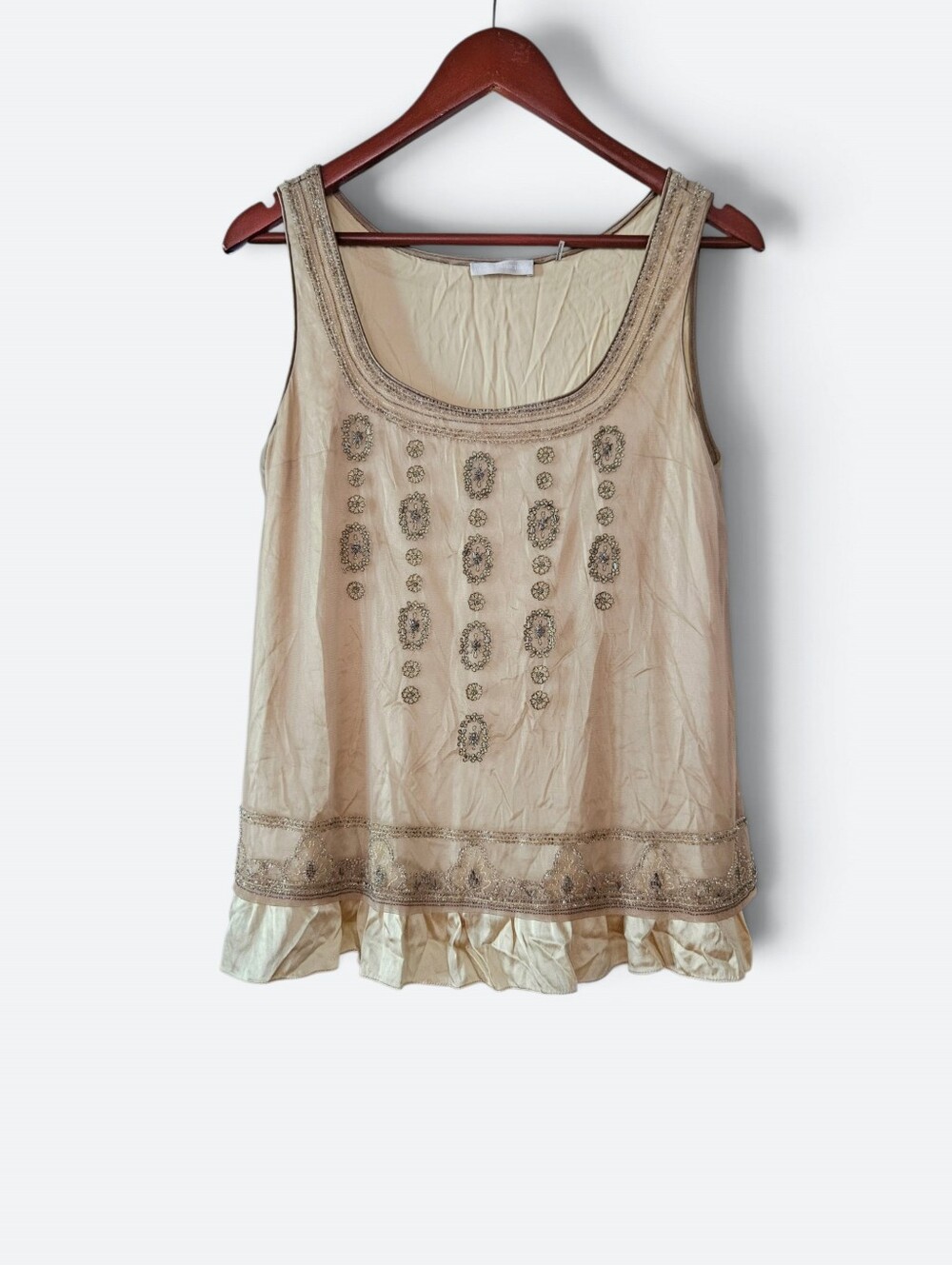 Badgley Mischka Vintage Y2K Silk Satin Chiffon Sleeveless Beaded Tank Blouse M